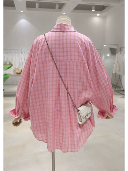 Skin-colored, thin and breathable 2024 summer loose and slim medium-length cotton long-sleeved sun-proof plaid shirt for women