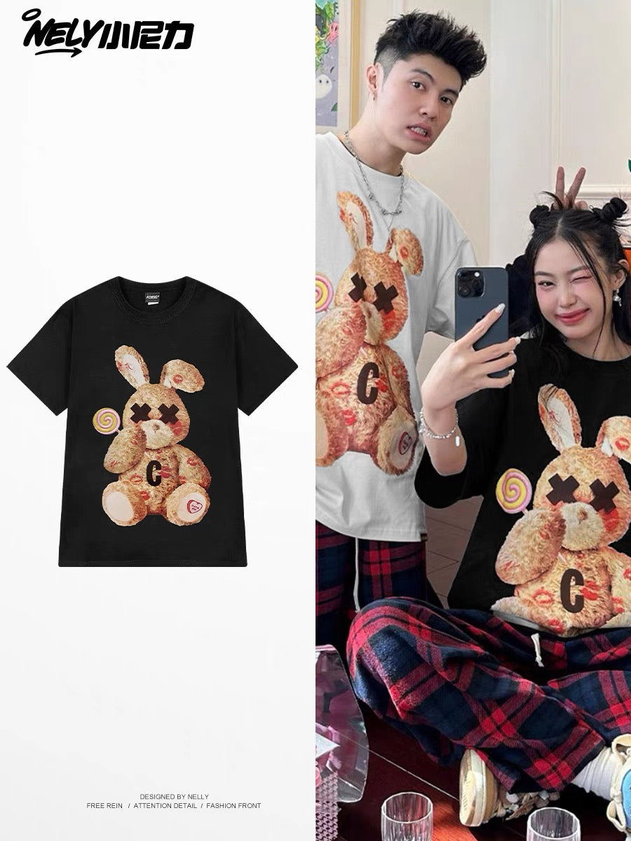 NELY American rabbit print cotton short-sleeved T-shirt for men and women summer fashion vintage couple tops