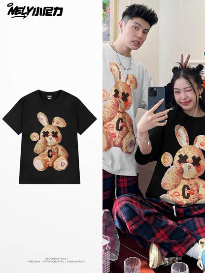 NELY American rabbit print cotton short-sleeved T-shirt for men and women summer fashion vintage couple tops