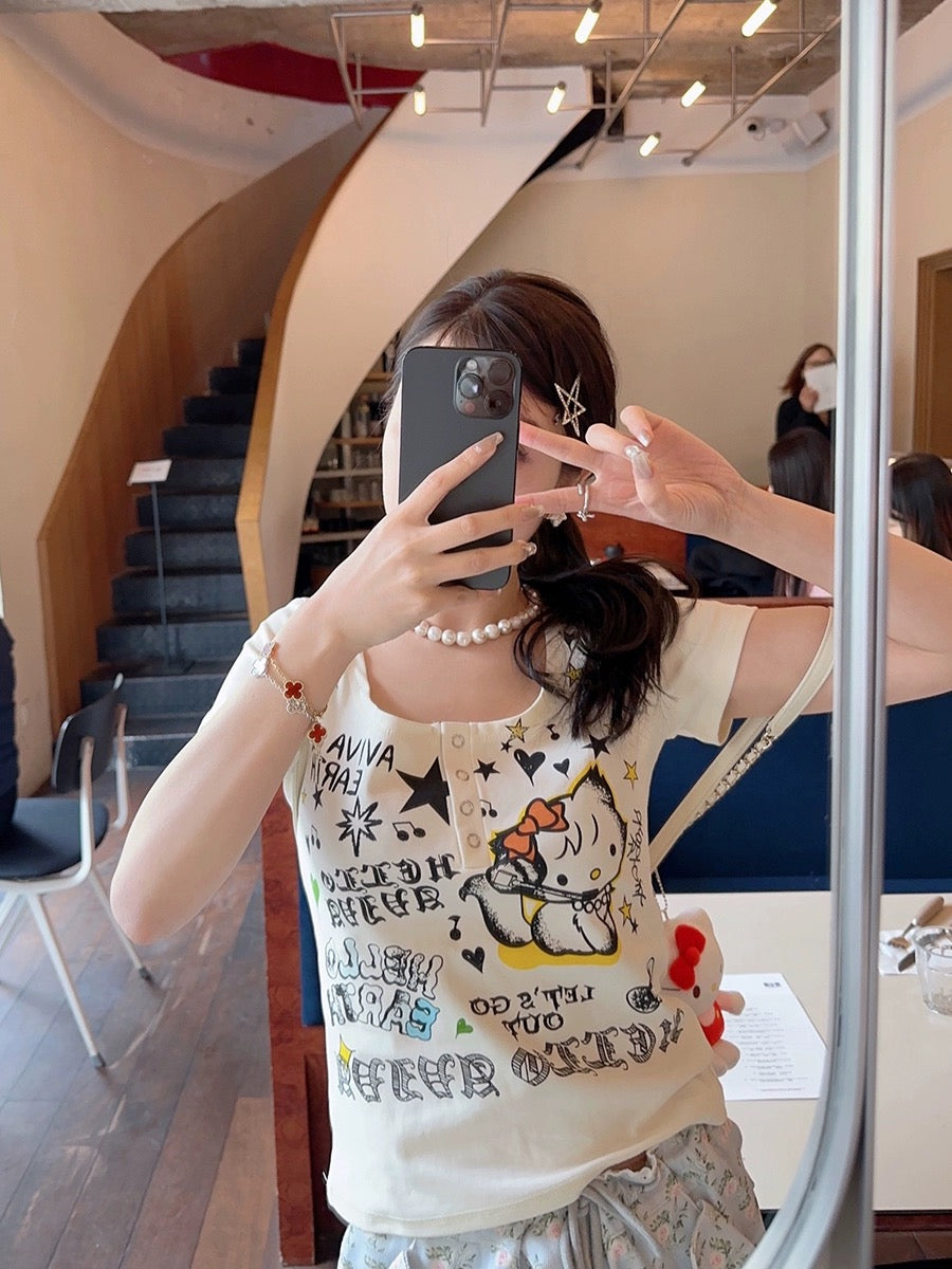 Thebestxue beige U-neck cartoon cat letter print T-shirt women's summer loose pullover short-sleeved top
