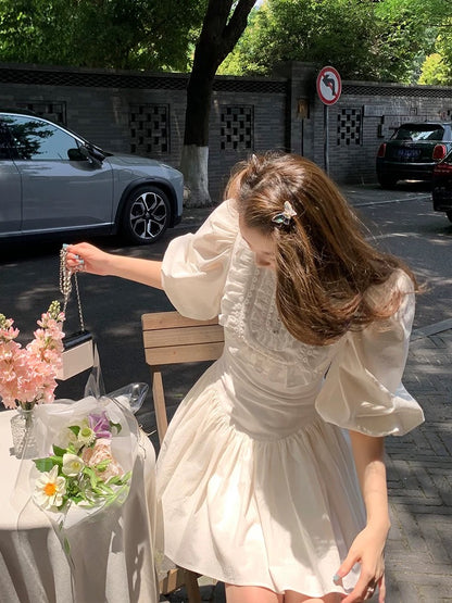Tongse | Pure White Alice Elegant Retro French Dress Lace Puff Sleeve Princess Dress Summer