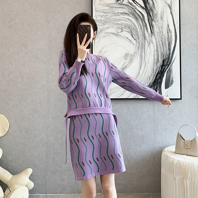 2023 autumn and winter new style small fragrance two-piece chic printed striped long-sleeved knitted sweater suit skirt women's trendy