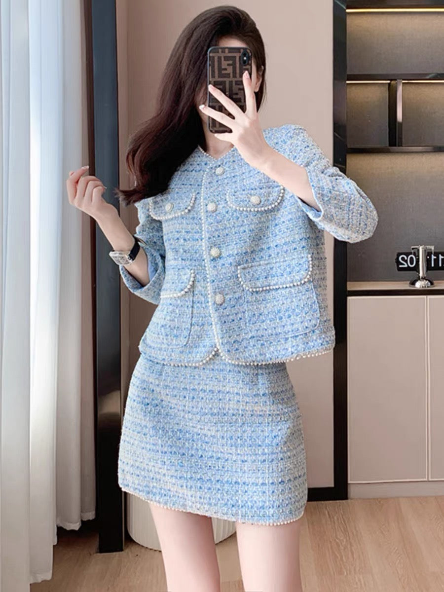 Blue small fragrant style fashion suit for women 2023 autumn new temperament age-reducing celebrity style two-piece set for small people