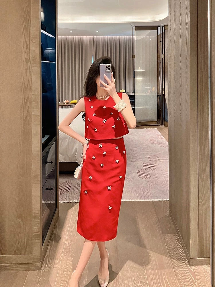 BETTER LS 2024 summer new style red suit for women half skirt lady temperament two-piece suit