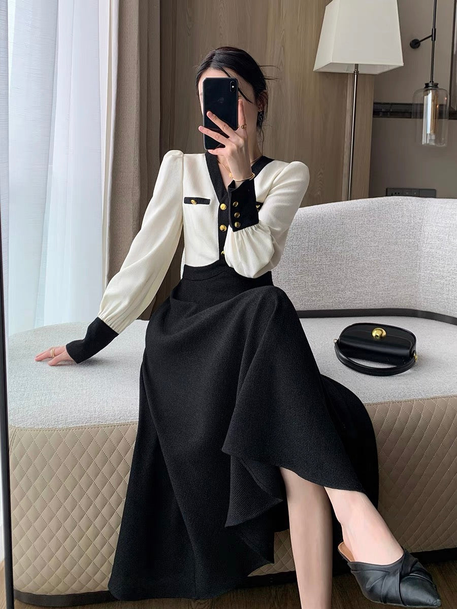 Guo Ge's V-neck dress for women 2023 autumn new French high-end exquisite slimming Hepburn style long skirt