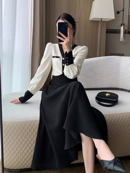 Guo Ge's V-neck dress for women 2023 autumn new French high-end exquisite slimming Hepburn style long skirt