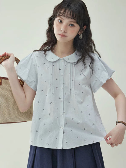 [Beidao AMUU Original] Women's Sweet Floral Cotton Shirt – Summer Puff-Sleeve Top with Peter Pan Collar and Button-Down Front