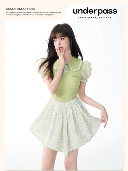 underpass original design green milky sweet doll collar splicing floral knitted slim-fitting puffy dress for women