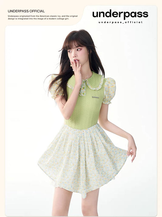 underpass original design green milky sweet doll collar splicing floral knitted slim-fitting puffy dress for women