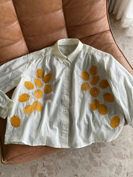 Women's Summer Long-Sleeve Shirt: Loose, Versatile, Lightweight Striped Sun-Protection Top with Lemon-Pattern Embroidery and Jacquard Texture