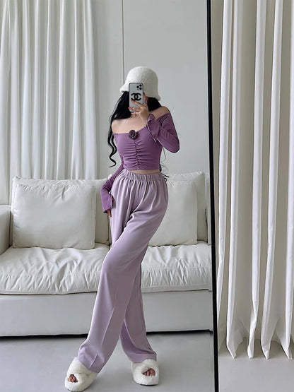 YoungGirlDay pure desire to reduce age, high waist, loose, slim and drape suit, straight casual pants, floor-length trousers for women (B1811)