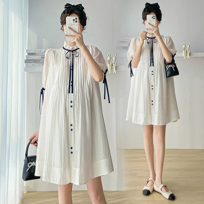 Maternity summer dress Korean style large size simple lotus leaf collar bow loose slimming belly-covering maternity dress summer style