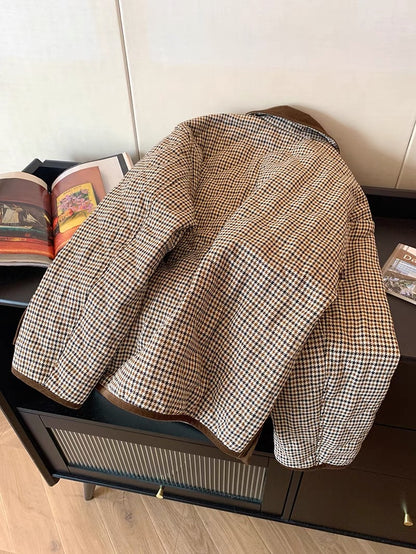Retro Corduroy Spliced Lapel Plaid Cotton Jacket Women's Autumn and Winter 2023 New Loose Warm Lightweight Padded Jacket