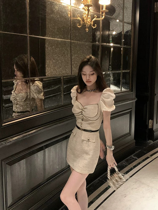 Big heart kissis small fragrant style high-end dress for women summer new socialite puff sleeves square neck waist skirt