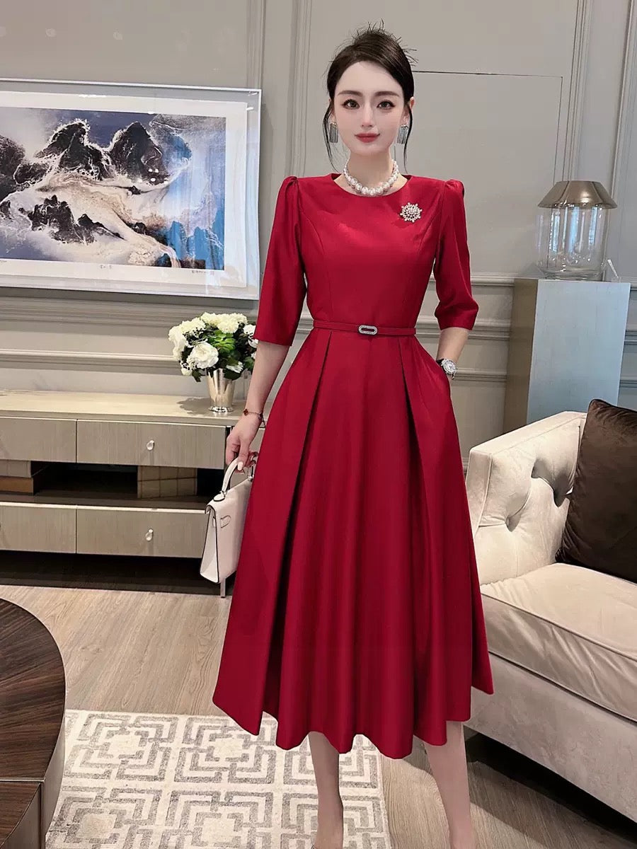 2023 Spring and Autumn French Style Mid-Length Fashionable Rose Red Elegant Red Dress with Waist and Swing Swing