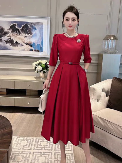 2023 Spring and Autumn French Style Mid-Length Fashionable Rose Red Elegant Red Dress with Waist and Swing Swing