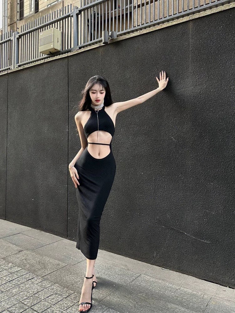 Pure desire hot girl hollow dress female 2023 spring and summer niche design sense waistless sexy sleeveless slit skirt tide