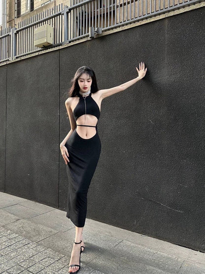 Pure desire hot girl hollow dress female 2023 spring and summer niche design sense waistless sexy sleeveless slit skirt tide