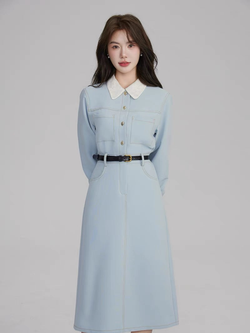 Volstagg blue French style dress women's autumn high-end long-sleeved waist long skirt comes with belt