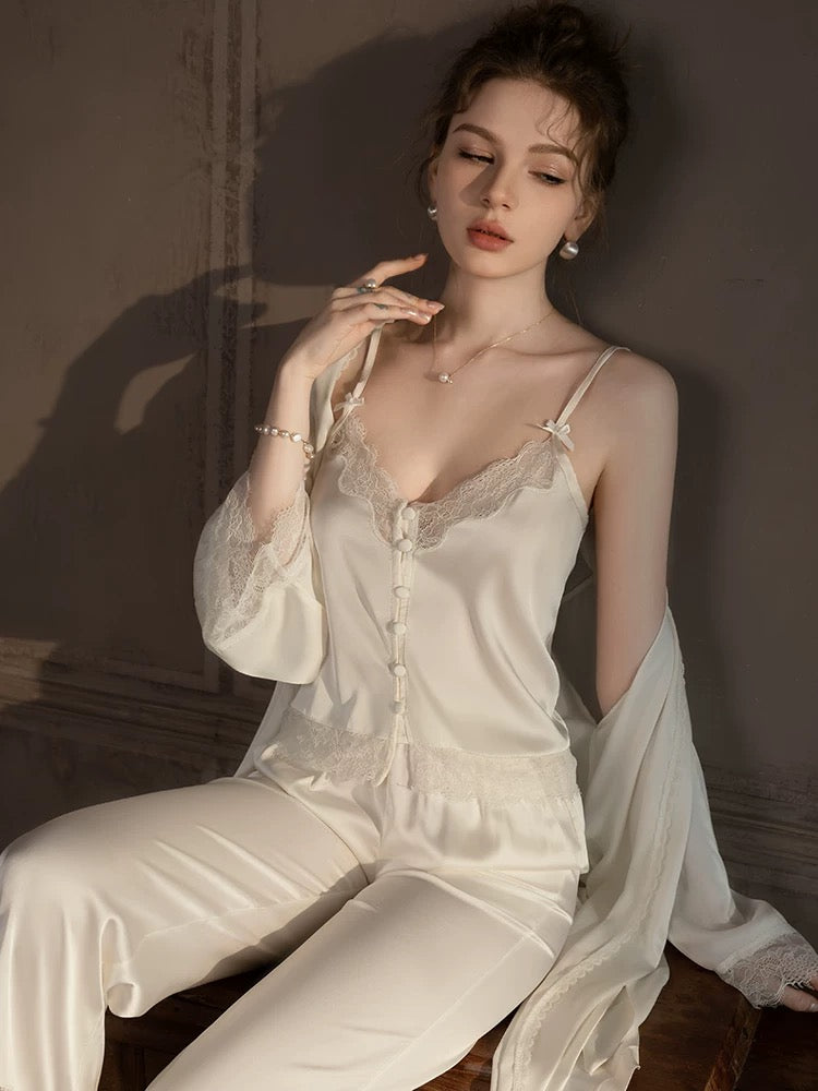 Forced to sell pajamas French suspenders trousers cardigan pajamas women's three-piece loose silk suit home clothes autumn and winter
