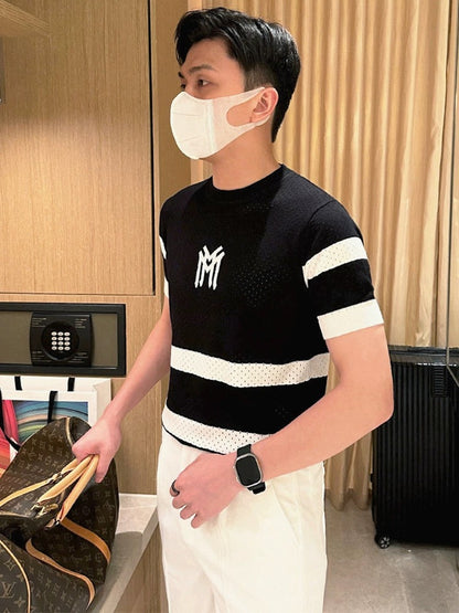 Summer trend embroidery color matching striped slim fit T-shirt men 2024 new casual mesh hollow knitted short sleeve men