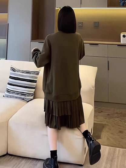 European women's early autumn high-end loose sweatshirt dress casual mid-length hem pleated splicing sweatshirt dress