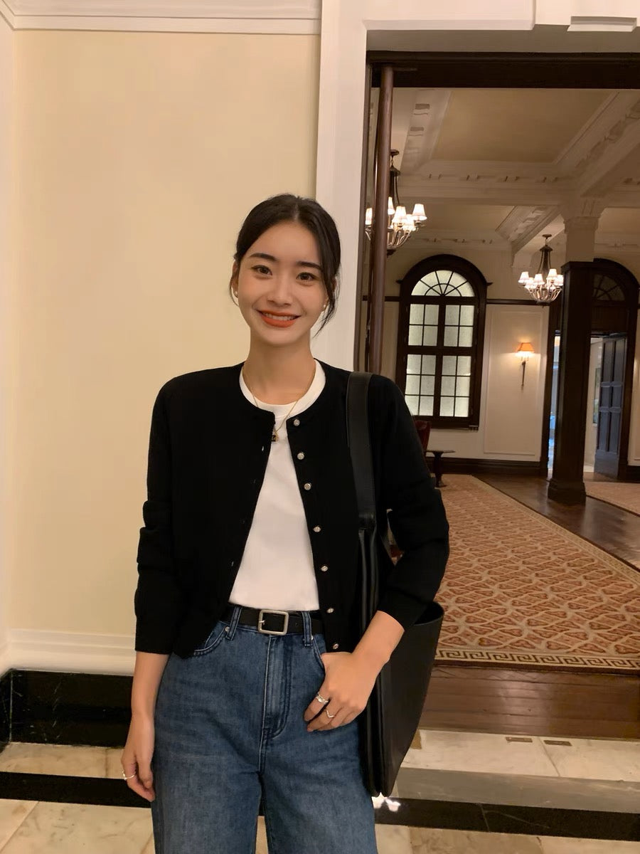 pusumede black knitted cardigan jacket for women with slim design and niche retro round neck short top