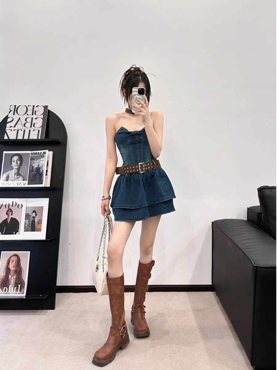 EUSKY IIWAN Retro denim sweet hottie tube top dress with waist slimming tutu short A-line skirt (D659)