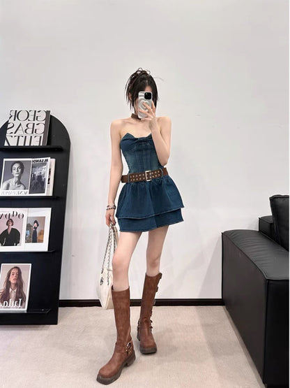 EUSKY IIWAN Retro denim sweet hottie tube top dress with waist slimming tutu short A-line skirt (D659)
