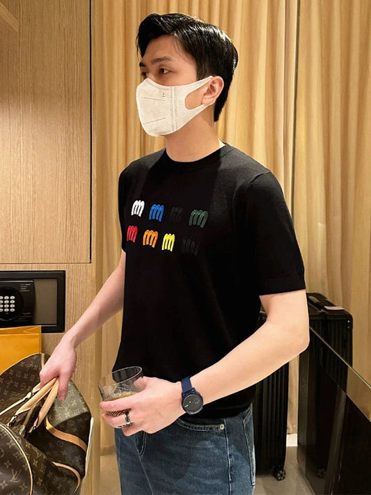 Yomobrother personalized color letter embroidery short-sleeved men's summer casual knitted tops white T-shirt men