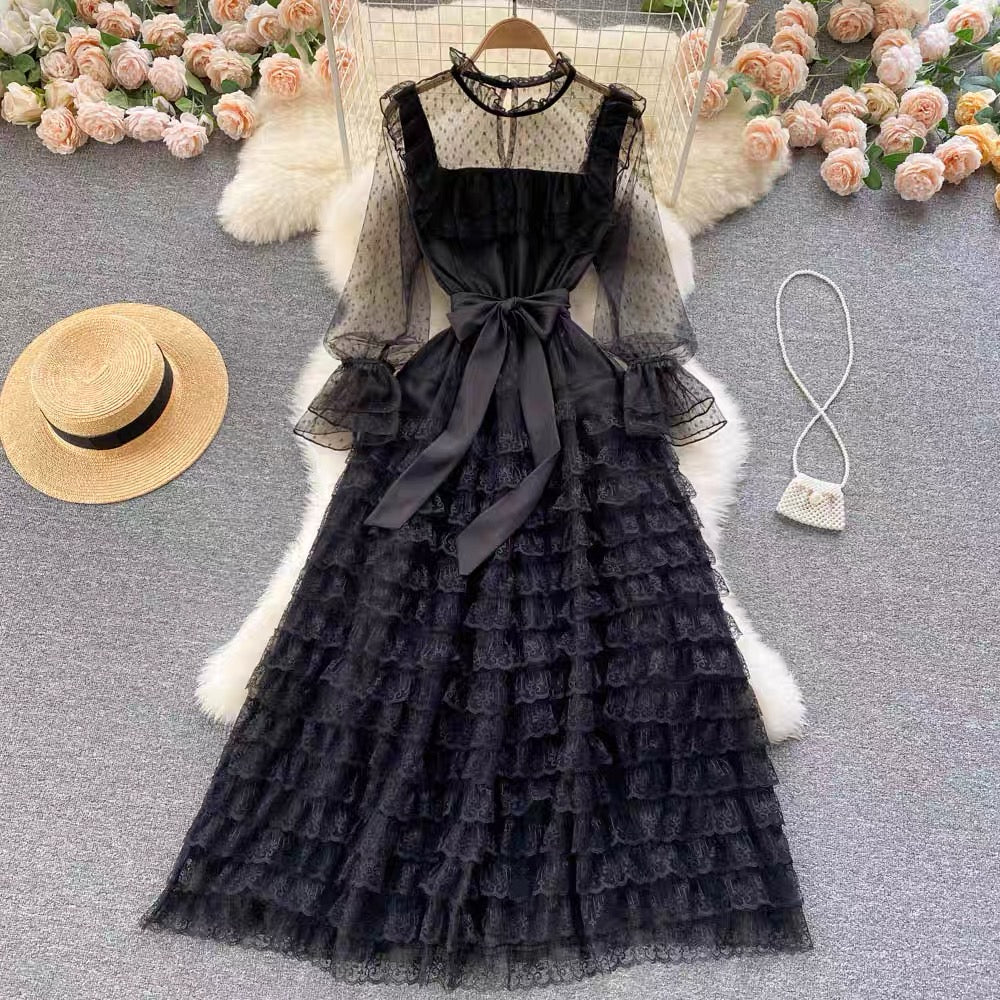 Palace style dress for women sweet fungus lace fairy dress sexy see-through polka dot mesh dress skirt (D0985)