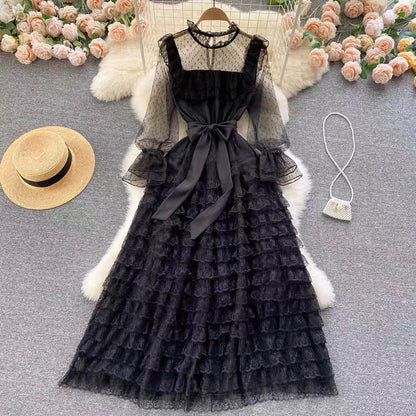 Palace style dress for women sweet fungus lace fairy dress sexy see-through polka dot mesh dress skirt (D0985)