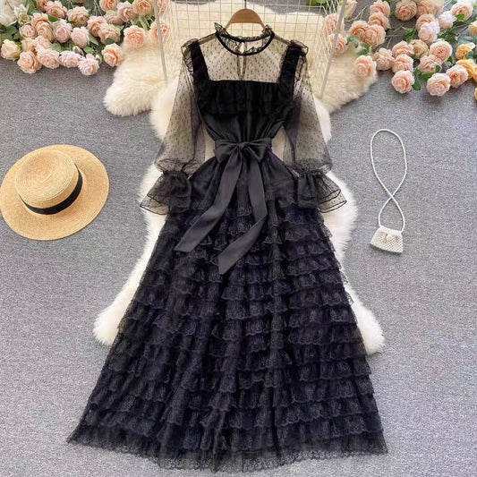 Palace style dress for women sweet fungus lace fairy dress sexy see-through polka dot mesh dress skirt (D0985)