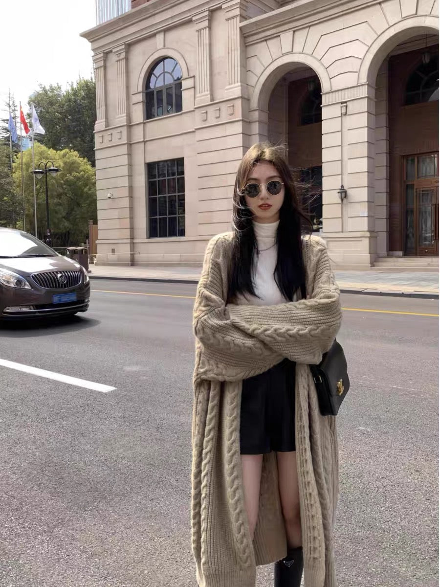 MULVAN gray long twist sweater jacket for women 2023 autumn and winter loose lazy style sweater thickened cardigan
