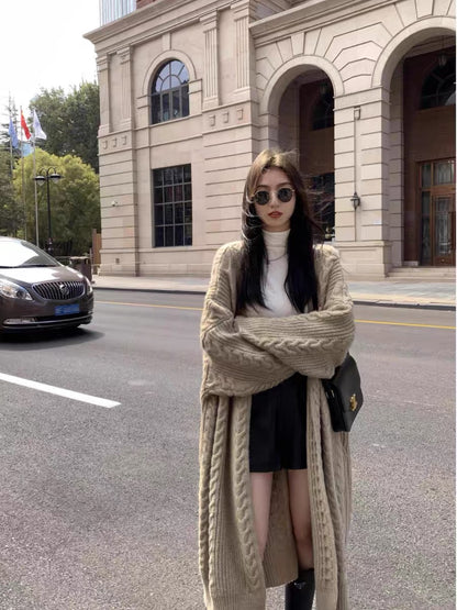 MULVAN gray long twist sweater jacket for women 2023 autumn and winter loose lazy style sweater thickened cardigan