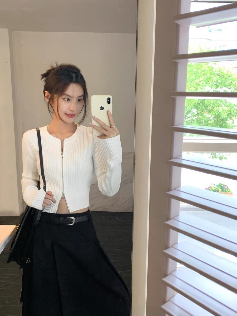 MULVAN double zipper knitted cardigan for women 2023 autumn and winter new design niche slim short long-sleeved top (S0605)