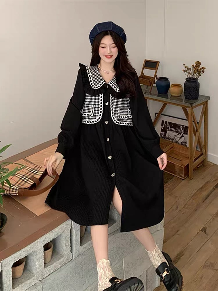 Plus size women's design French shirt to cover belly dress women's spring and autumn street doll collar slim skirt (D0978)