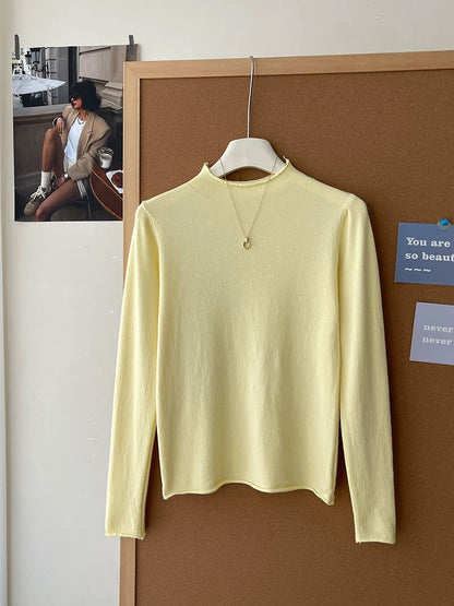 Retro soft and sticky cashmere rolled-edge turtleneck knit sweater for women, autumn and winter, gentle and versatile layering base layer top.