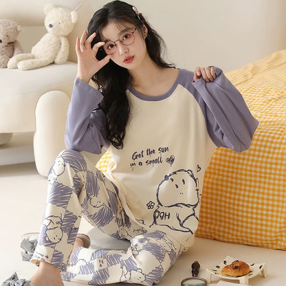 Pajamas for women Spring and Autumn 2024 new long-sleeved cotton large size summer cute autumn and winter home clothes suit