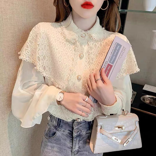 2023 Autumn New Fashionable Ruffled Chiffon Shirt Versatile Women's Loose Western Style Beaded Shawl Shirt Top (B2314)