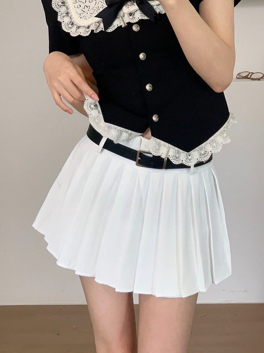 RENA sweet hot girl preppy style design sense solid color high waist slim fit pleated A-line anti-skid skirt