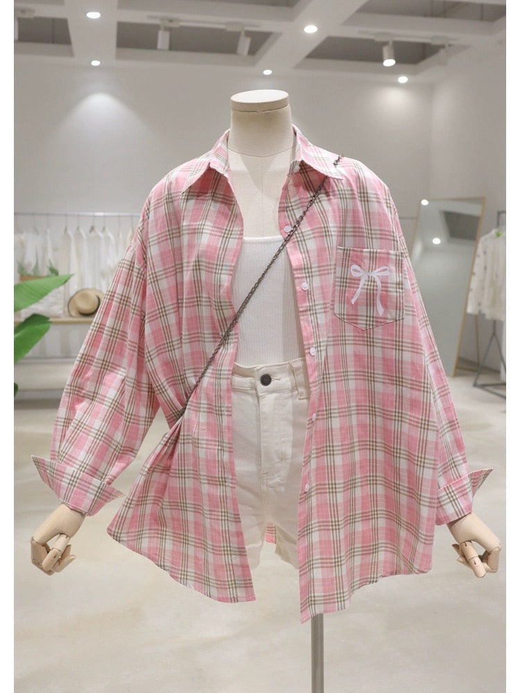 Breathable pocket bow print 2024 summer loose medium-length thin long-sleeved sunscreen plaid shirt for women