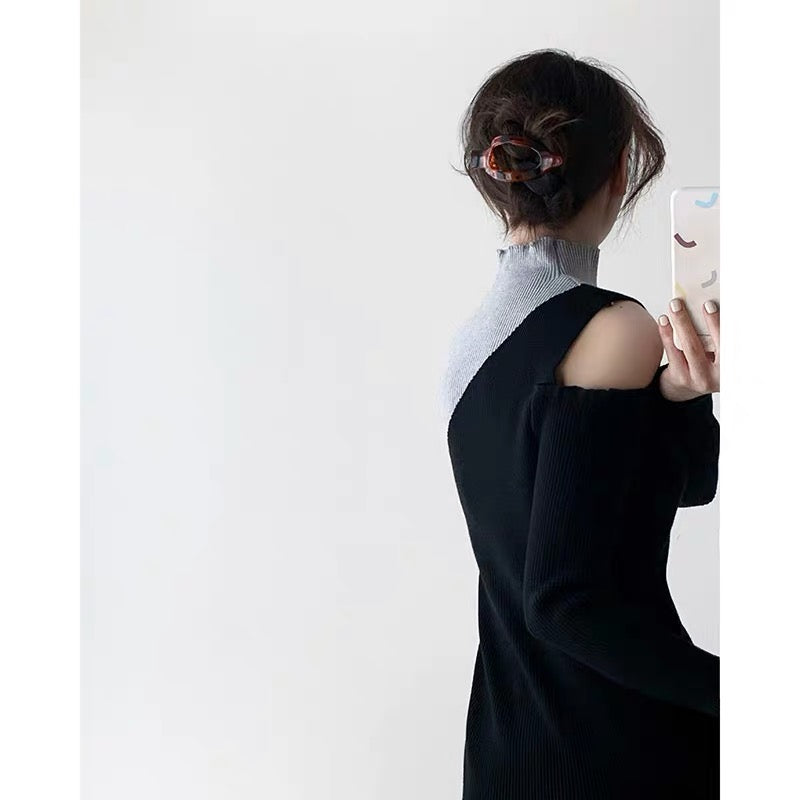 Long-sleeved black knitted bottoming dress for women autumn new slim fit high fashion chic sexy long dress D9293