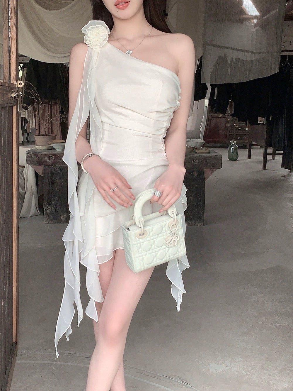 FairyJiang summer new white oblique shoulder chiffon dress waist short fairy cake skirt with flowers
