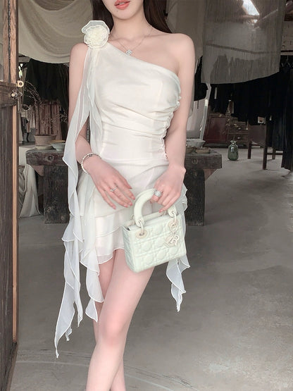 FairyJiang summer new white oblique shoulder chiffon dress waist short fairy cake skirt with flowers