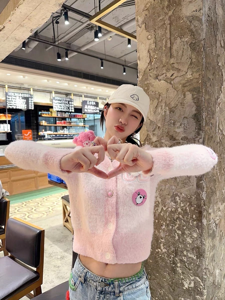 Thebestxue 2023 new Korean style pink short v-neck bear decorated sweater cardigan sweater for women autumn
