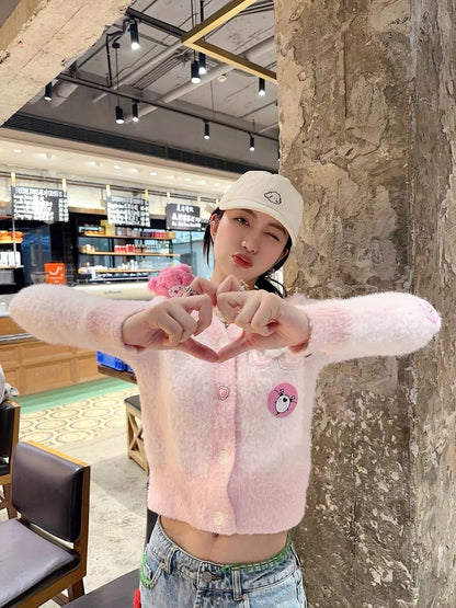 Thebestxue 2023 new Korean style pink short v-neck bear decorated sweater cardigan sweater for women autumn