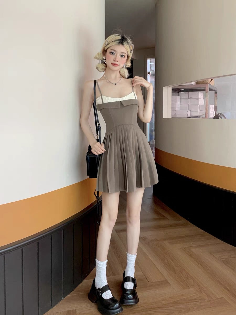 MOXI summer new brown suspender waist commuting stitching pleated A-line dress