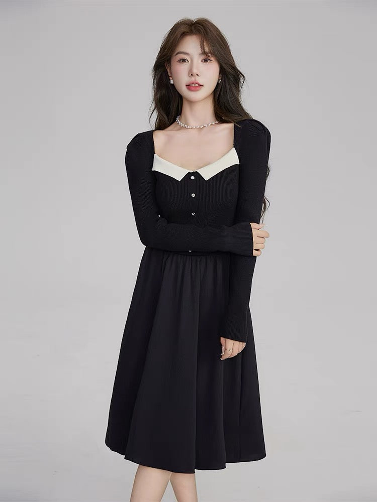 Volstagg French square neck black dress for women autumn knitted patchwork waist Hepburn style little black dress