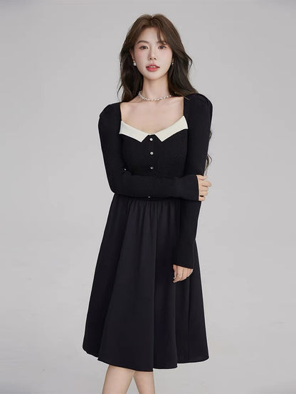 Volstagg French square neck black dress for women autumn knitted patchwork waist Hepburn style little black dress